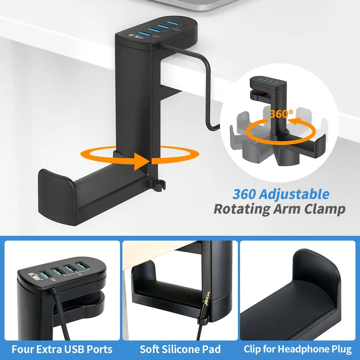 Headphone Stand with 4 USB Port 360° Rotating Clamp